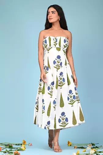 White block print cotton tube maxi-dress