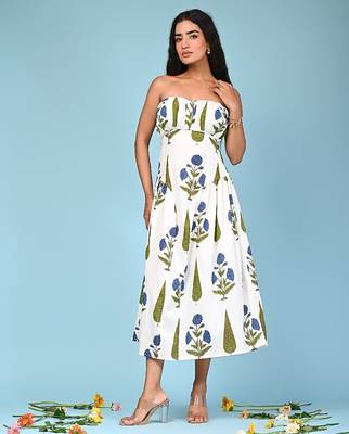 White block print cotton tube maxi-dress 3