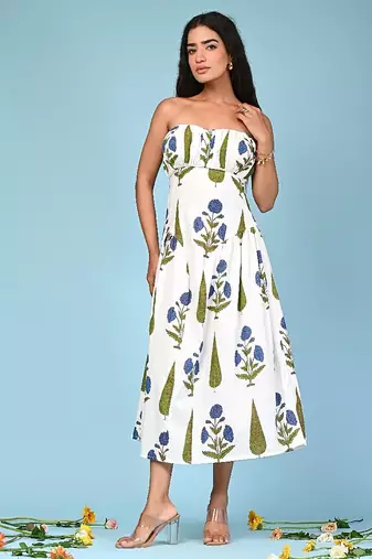 White block print cotton tube maxi-dress