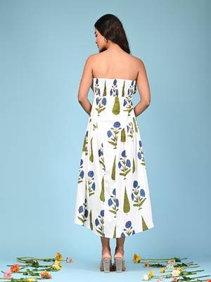 White block print cotton tube maxi-dress 4