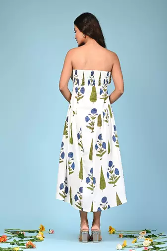 White block print cotton tube maxi-dress