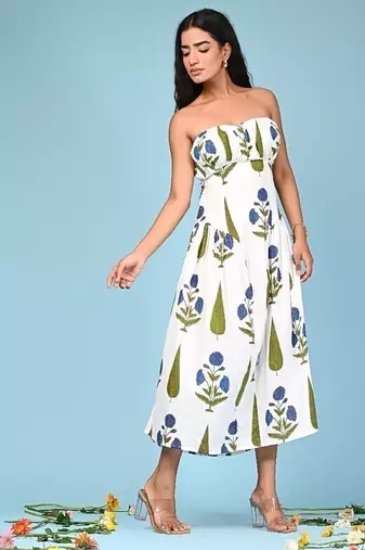 White block print cotton tube maxi-dress