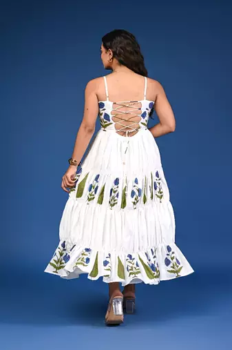 White block print tiered cotton maxi-dress