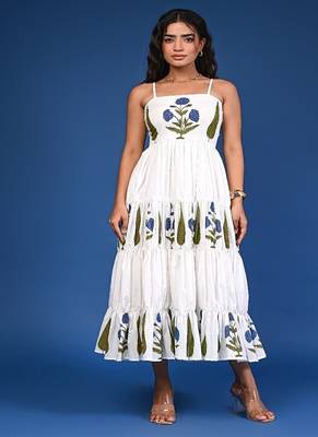 White block print tiered cotton maxi-dress 1