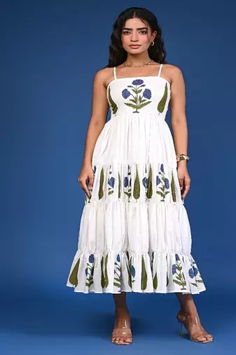 White block print tiered cotton maxi-dress