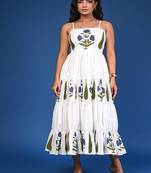 White block print tiered cotton maxi-dress