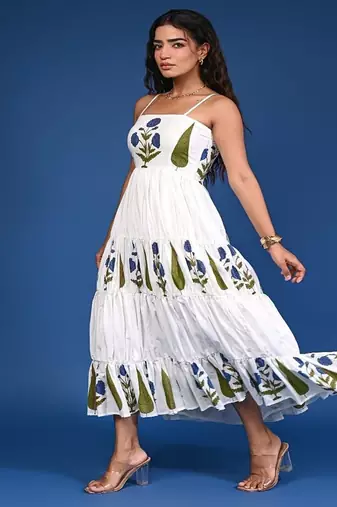 White block print tiered cotton maxi-dress