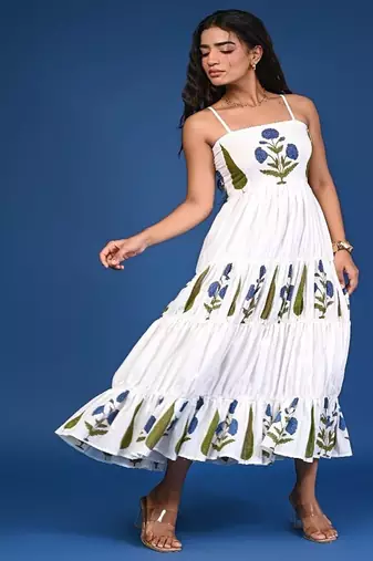 White block print tiered cotton maxi-dress