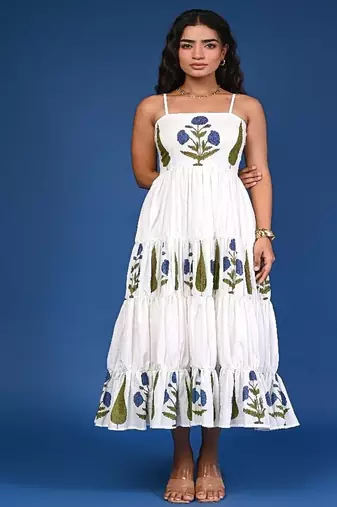 White block print tiered cotton maxi-dress