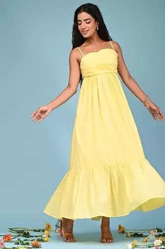 Butter yellow tiered cotton maxi-dress