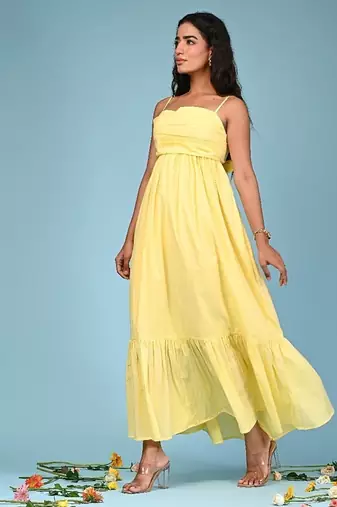Butter yellow tiered cotton maxi-dress