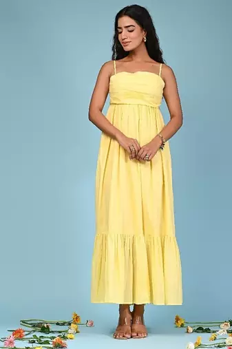 Butter yellow tiered cotton maxi-dress