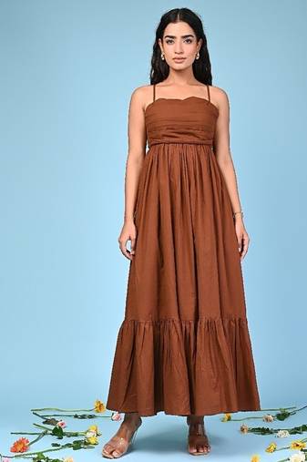 Brown tiered cotton maxi-dress