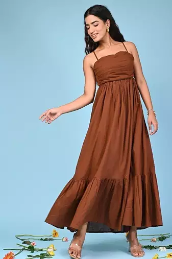 Brown tiered cotton maxi-dress