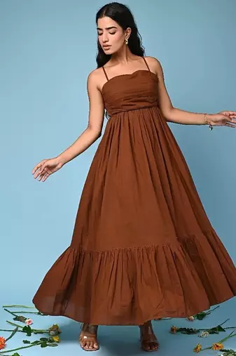 Brown tiered cotton maxi-dress