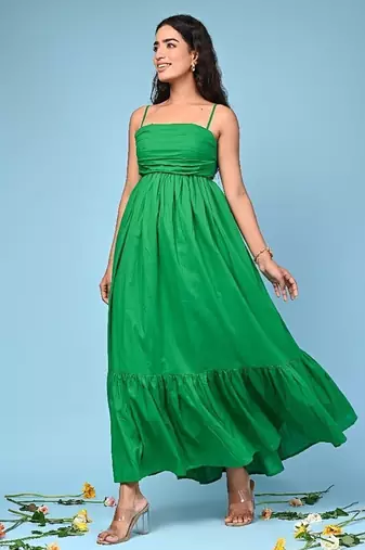 Green tiered cotton maxi-dress