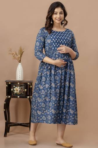 Blue aaysa floral printed pure cotton flared maternity maxi dress