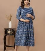 Blue  floral printed pure cotton flared maternity maxi dress