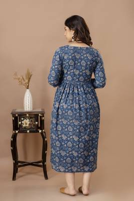 Blue  floral printed  cotton flared maternity maxi dress 2