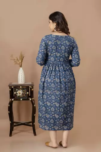Blue  floral printed  cotton flared maternity maxi dress