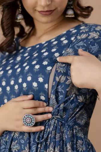 Blue  floral printed  cotton flared maternity maxi dress