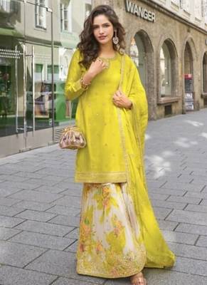 Lemon green party wear Embroidered gharara suit-Full Stitched Free size 1