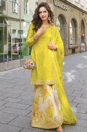 Lemon green party wear semi stitched gharara suits