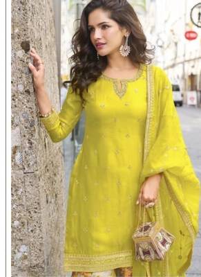 Lemon green party wear Embroidered gharara suit-Full Stitched Free size 2