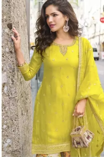 Lemon green party wear Embroidered gharara suit-Full Stitched Free size