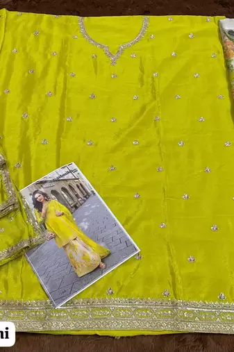 Lemon green party wear Embroidered gharara suit-Full Stitched Free size