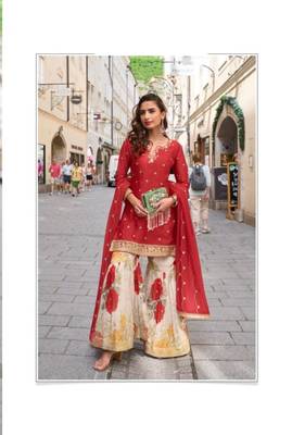 Red party wear Embroidered gharara suit-Full Stitched Free size 1