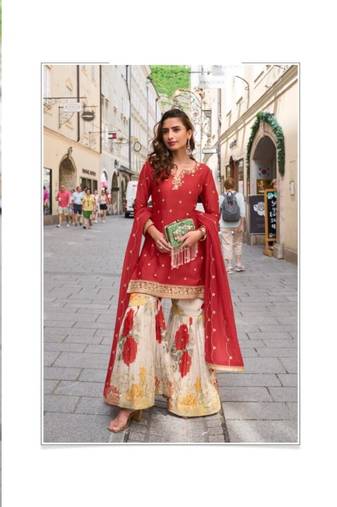Red party wear semi stitched gharara suits