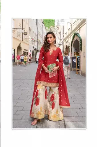 Red party wear semi stitched gharara suits
