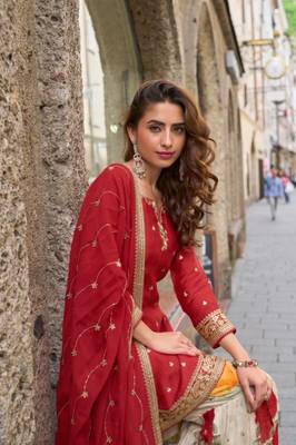 Red party wear Embroidered gharara suit-Full Stitched Free size 2