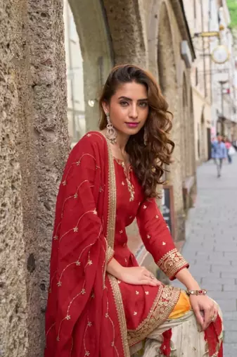 Red party wear Embroidered gharara suit-Full Stitched Free size