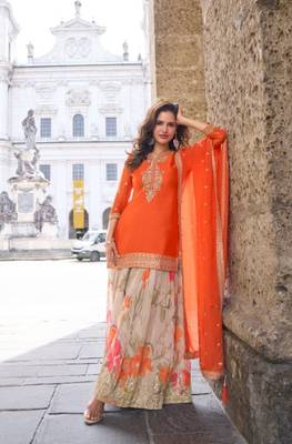 Orange party wear Embroidered gharara suit-Full Stitched Free size 1
