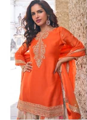 Orange party wear Embroidered gharara suit-Full Stitched Free size 2