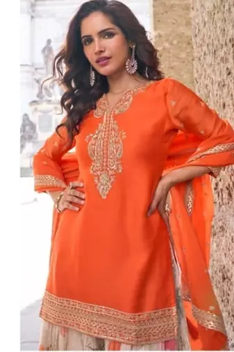 Orange party wear Embroidered gharara suit-Full Stitched Free size