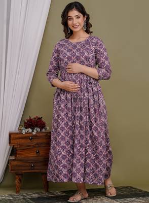 Purple  floral printed  cotton flared maternity maxi dress 1