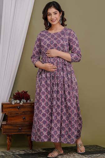 Purple aaysa floral printed pure cotton flared maternity maxi dress