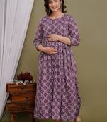 Purple  floral printed pure cotton flared maternity maxi dress