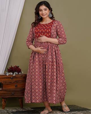 Maroon  floral printed  cotton flared maternity maxi dress 1