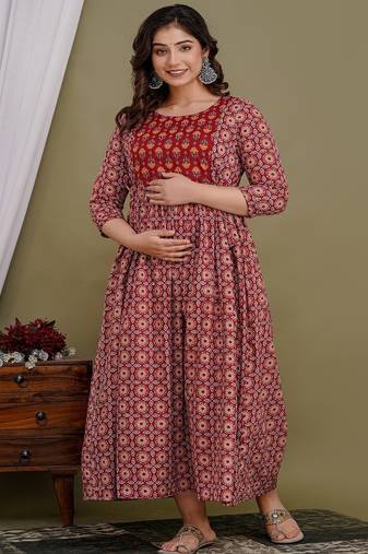 Maroon aaysa floral printed pure cotton flared maternity maxi dress