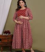 Maroon  floral printed pure cotton flared maternity maxi dress