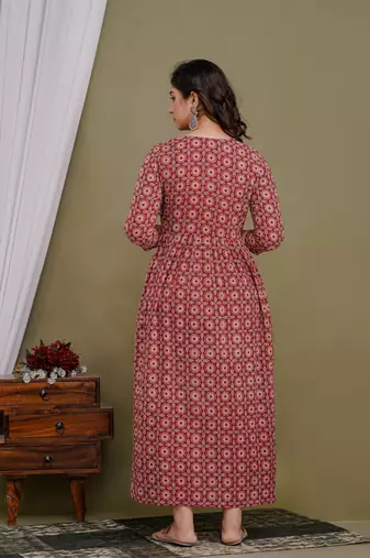 Maroon  floral printed  cotton flared maternity maxi dress