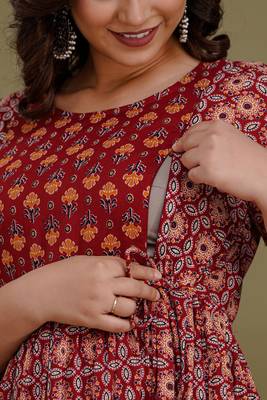Maroon  floral printed  cotton flared maternity maxi dress 3