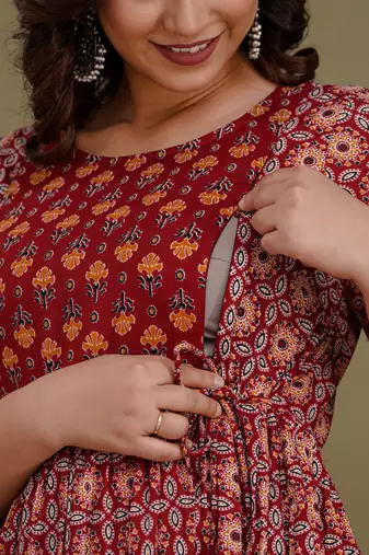 Maroon  floral printed  cotton flared maternity maxi dress