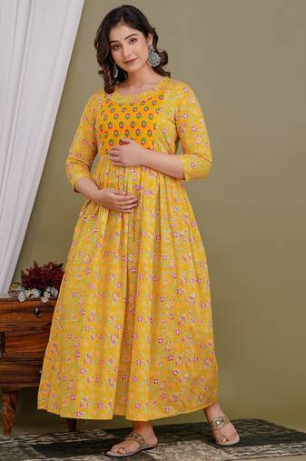 Yellow aaysa floral printed pure cotton flared maternity maxi dress