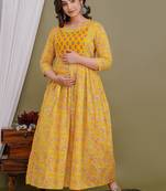 Yellow  floral printed pure cotton flared maternity maxi dress