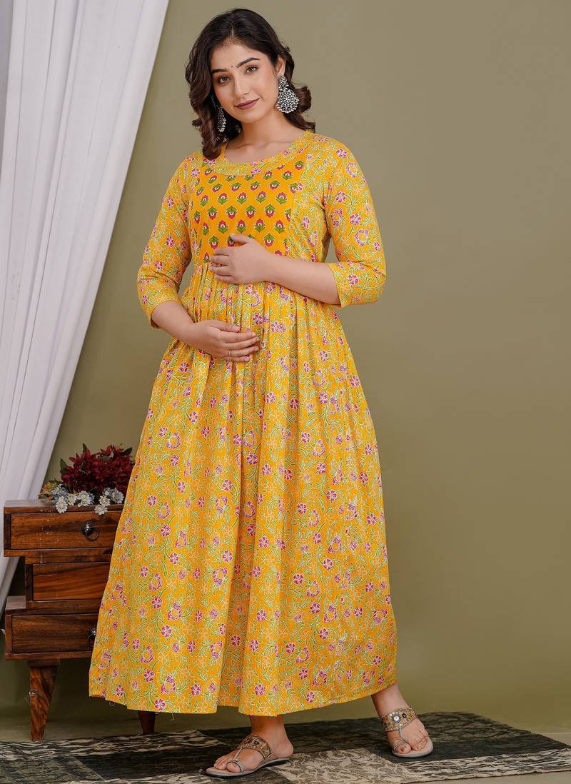 Yellow aaysa floral printed pure cotton flared maternity maxi dress